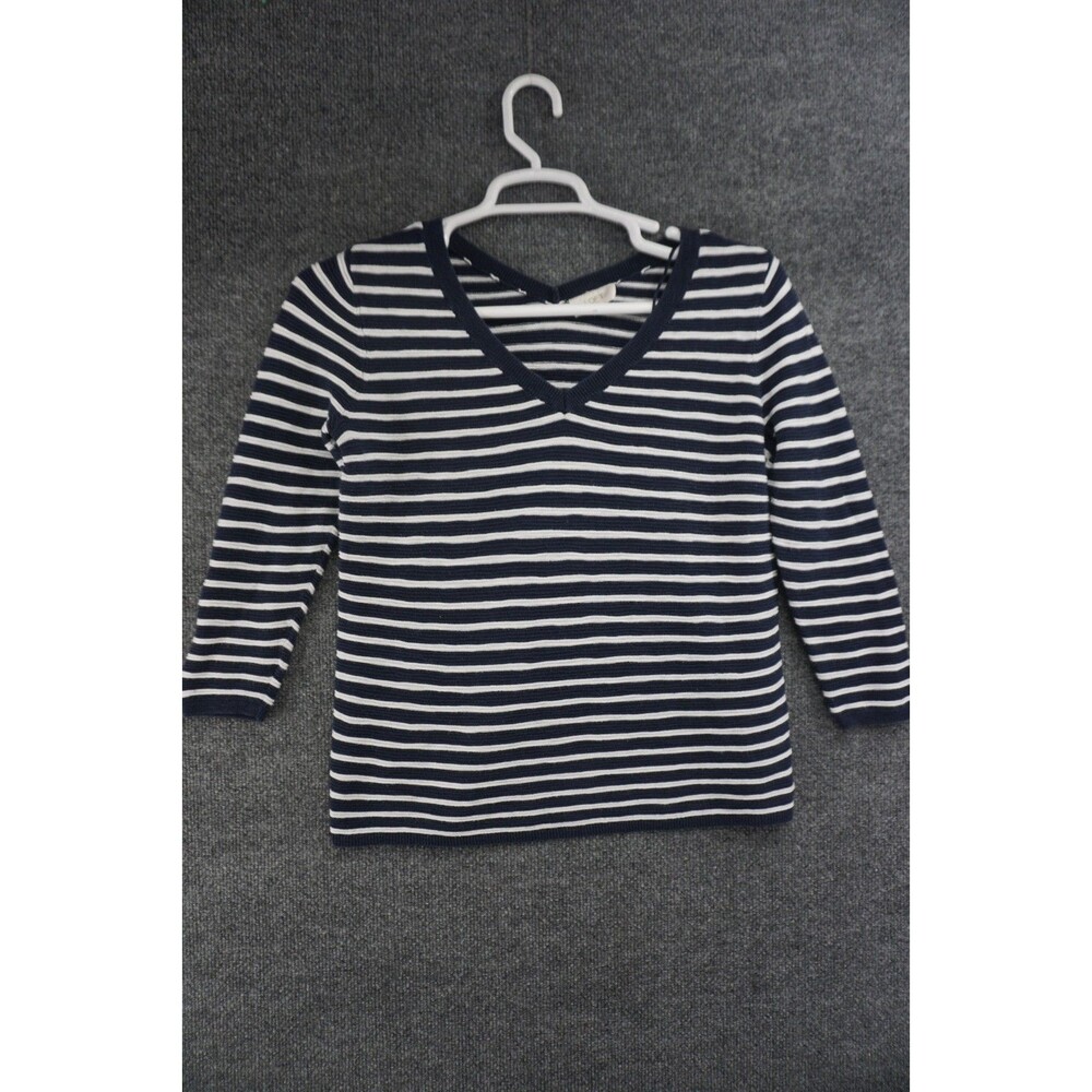 LOFT Outlet Striped V-Neck Knit Top Size Small Navy White 3/4 Sleeve